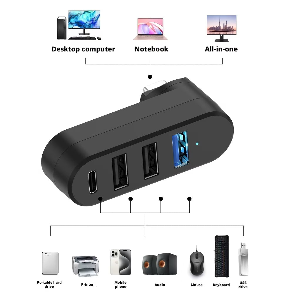 HUB USB VIENON 4 EN 1 GIRATORIO 180° – 3 PUERTOS USB Y 1 TIPO C