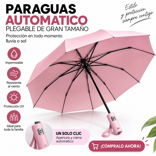 Paraguas Automático Plegable Rosa – Resistente al Viento y Lluvia, Protección UV, Compacto y Reforzado