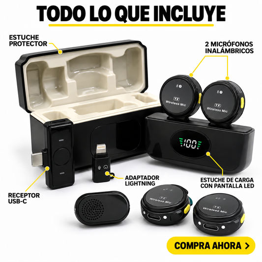 Micrófono Inalámbrico Doble V2 con Estuche de Carga y Reducción de Ruido