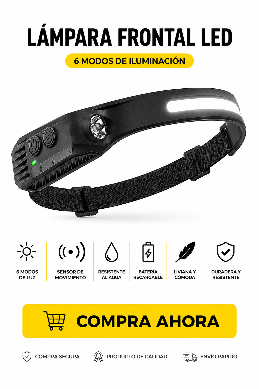 Linterna Frontal LED Manos Libres con Sensor de Movimiento